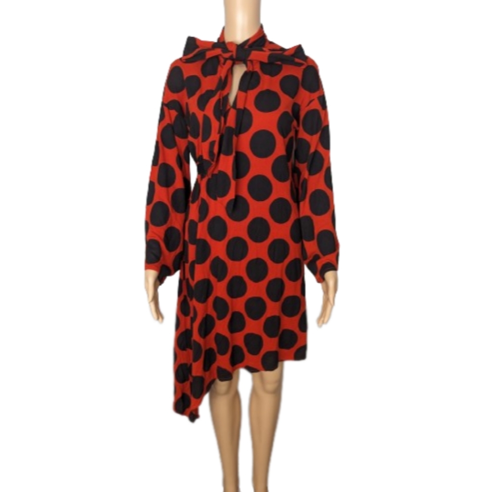 Zara Reddish Orange and Black Polka Dot Asymmetrical Dress S
